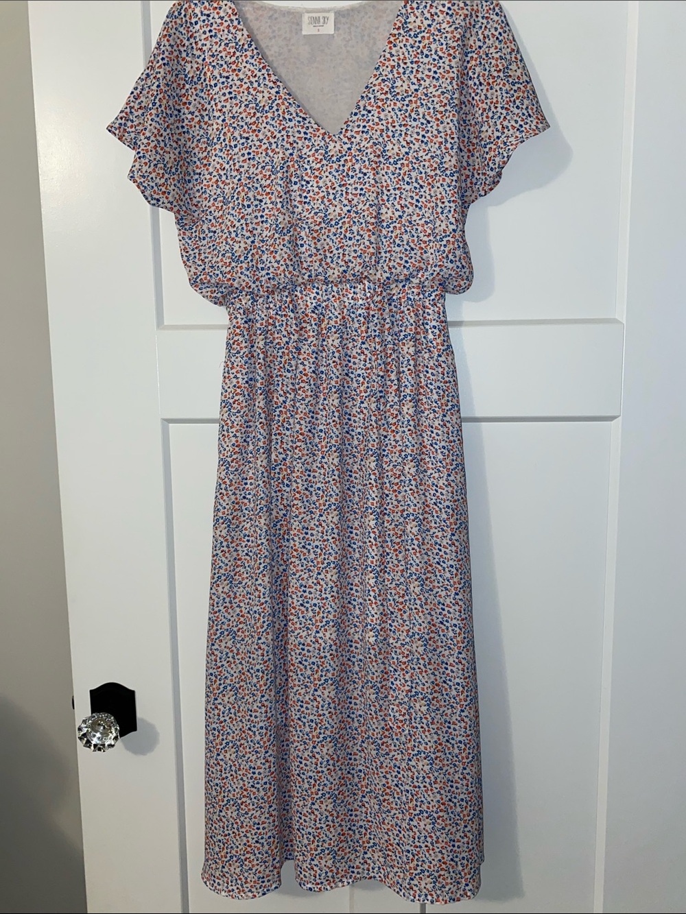 Sienna Sky Blue and Rust Floral V-Neck Midi Dress